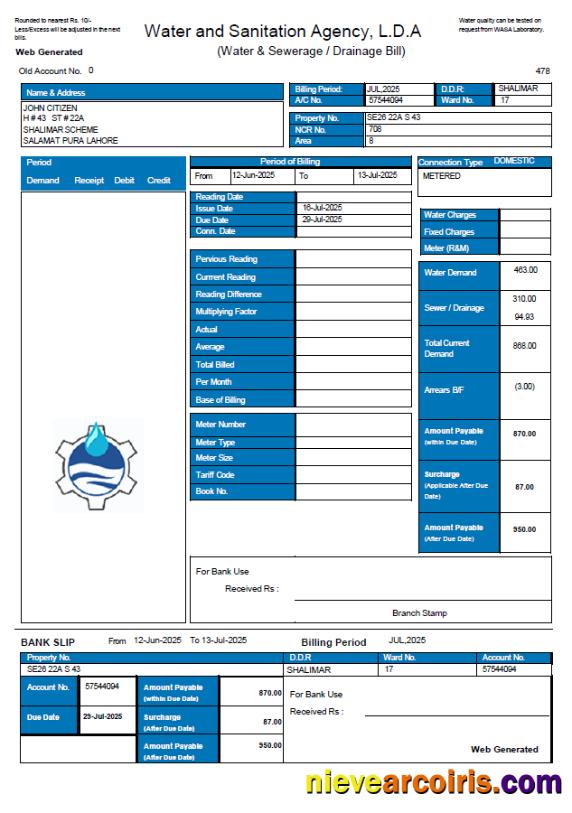 Pakistan Water and Sanitation Agency LDA utility bill
